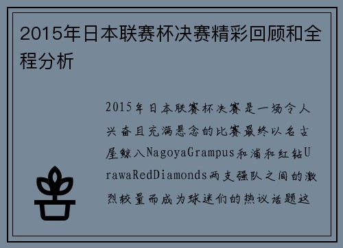 2015年日本联赛杯决赛精彩回顾和全程分析