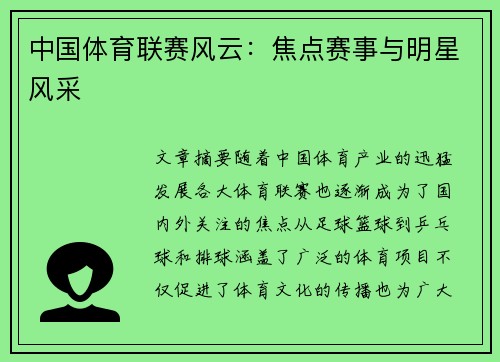 中国体育联赛风云：焦点赛事与明星风采