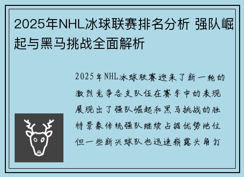 2025年NHL冰球联赛排名分析 强队崛起与黑马挑战全面解析