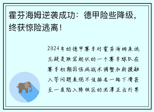 霍芬海姆逆袭成功：德甲险些降级，终获惊险逃离！